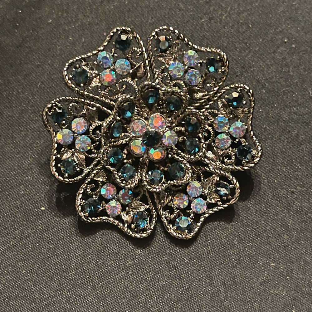 Silver Tone Floral Brooch with Blue Rhinestones and Aurora Borealis Stones AB